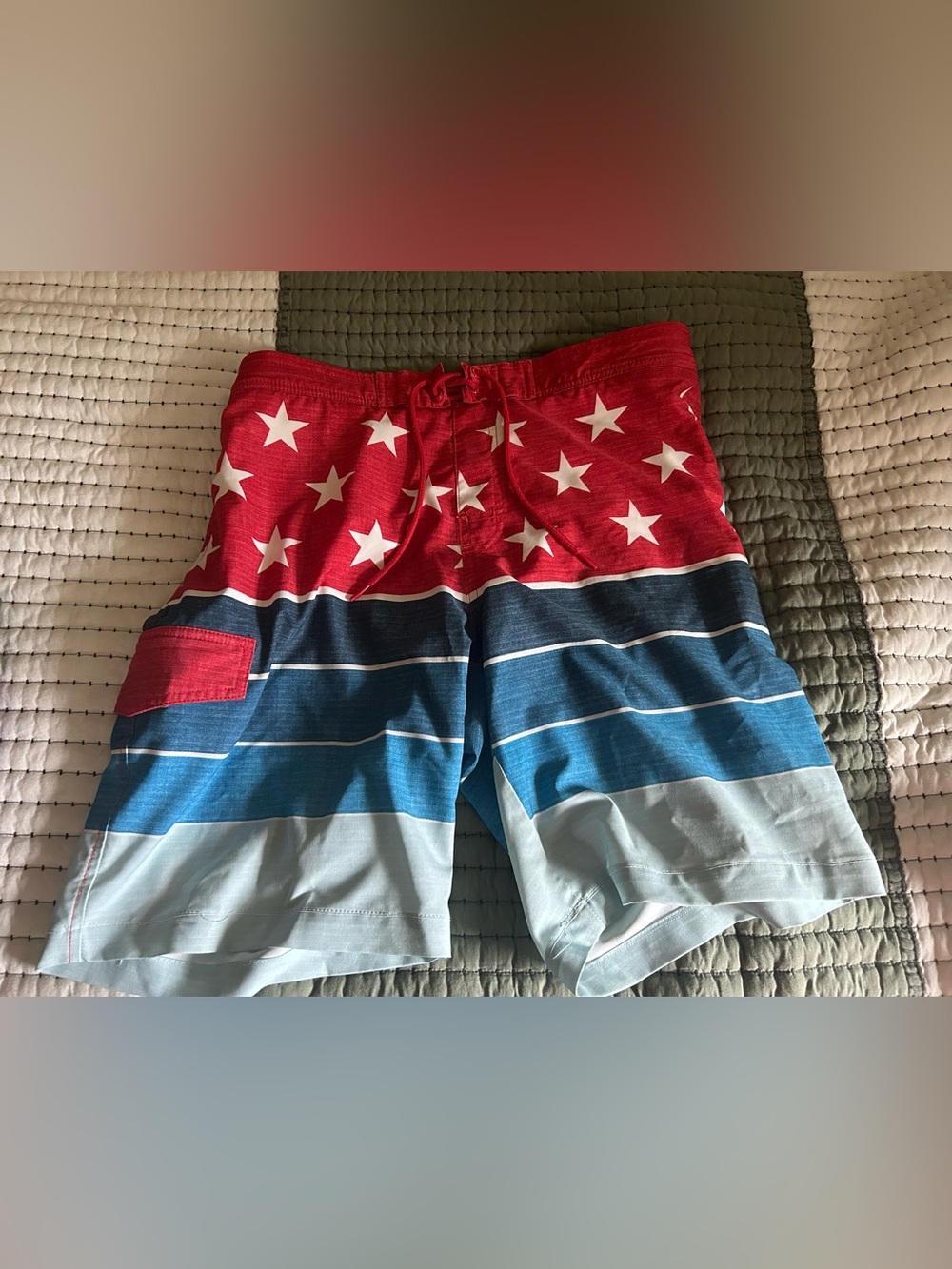 Sonoma Swim Trunks Men's. Red White Blue Stars Pockets.